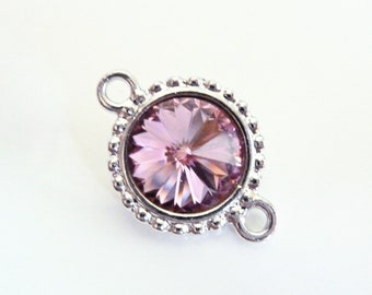 1 pc. Swarovski 12mm Rose Rivoli in a Rhodium Plated Link Setting 1122- Pink Crystals Jewelry DIY- Two Loops Link Connector- ROR12L