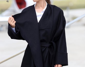 Asymmetryc Extravagant Black Hoodded Coat /Oversize coat / Black oversize coat / Black coat / Woman coat /Spring coat