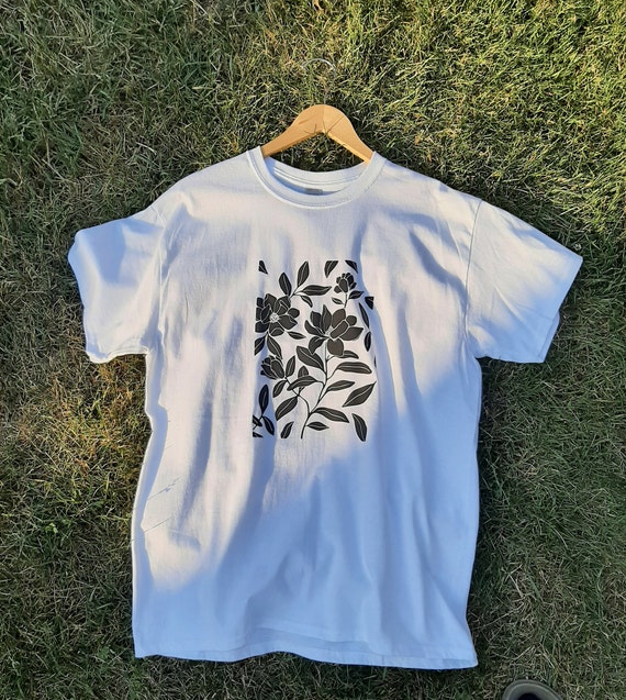 White Graphic Tee with Black Flowers, Handmade Design (oversized, streetwear, trippy, psychedelic) [Unisex Sizing]