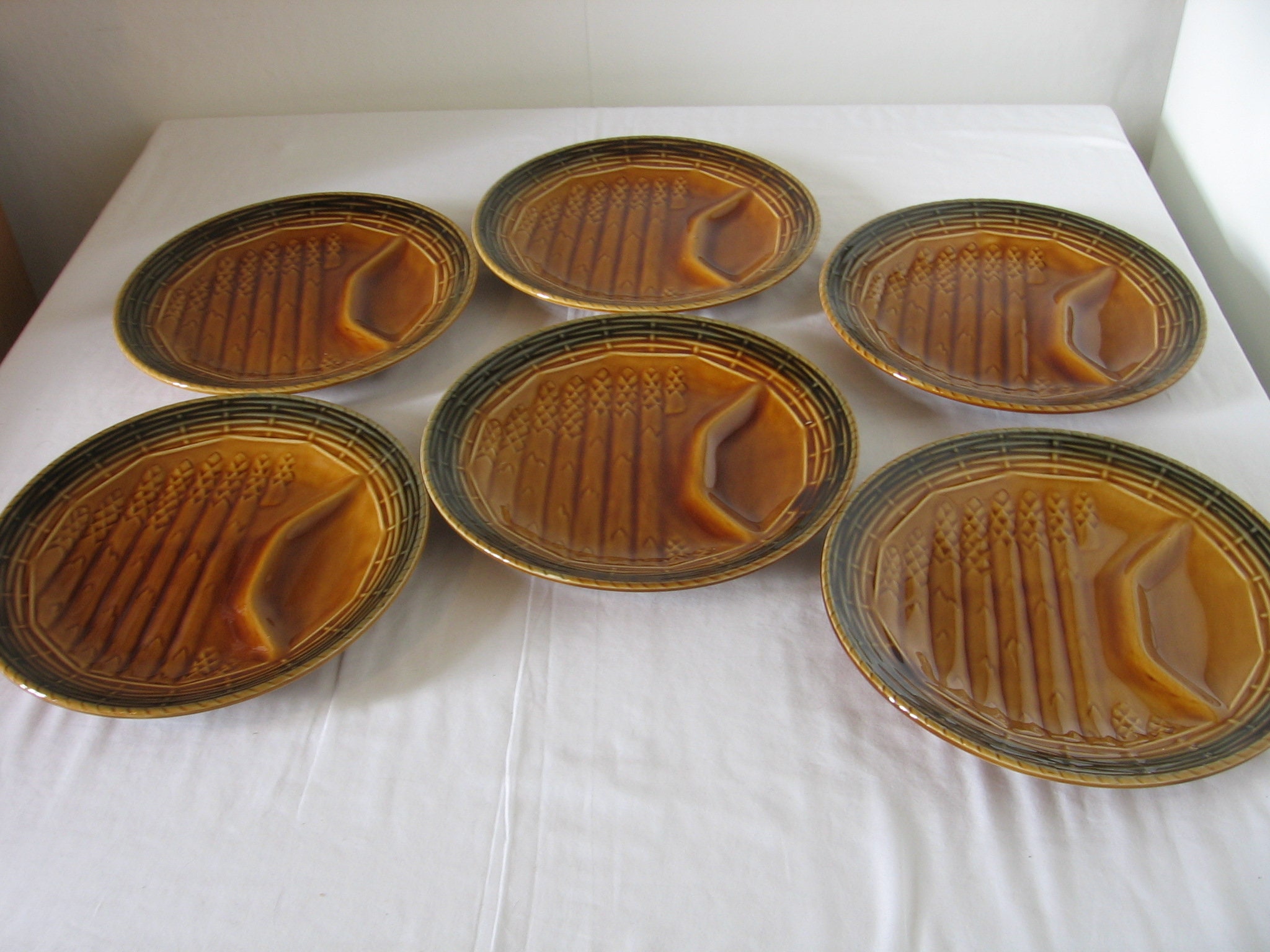 Belle Rétro Français Vintage Mid - Century Sarreguemines Barbotine/Majolica Asperges Serving Dishes 