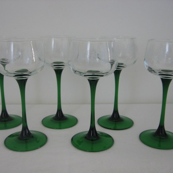 Set of 6 Tall Emerald Green Flared Stemmed Hock / Vin D'Alsace / Rhein Wein Glasses French Vintage Luminarc