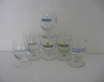 Set of 6 Ricard Balloon Pastis Aperitif Glasses Mixed Designs Iconic French  Bar / Bistro / Café Culture Circa 1970s 