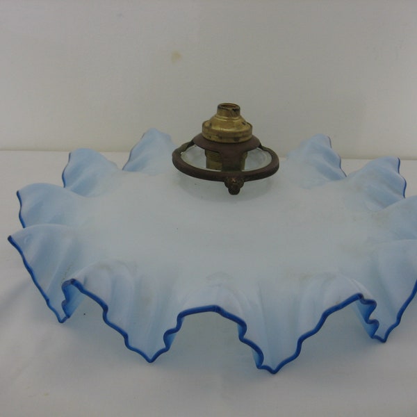 Belle Français vintage Blue Glass Frilly Edge Lampshade Dark Blue Edging Complete with Modern Brass Fixing Circa 1920s