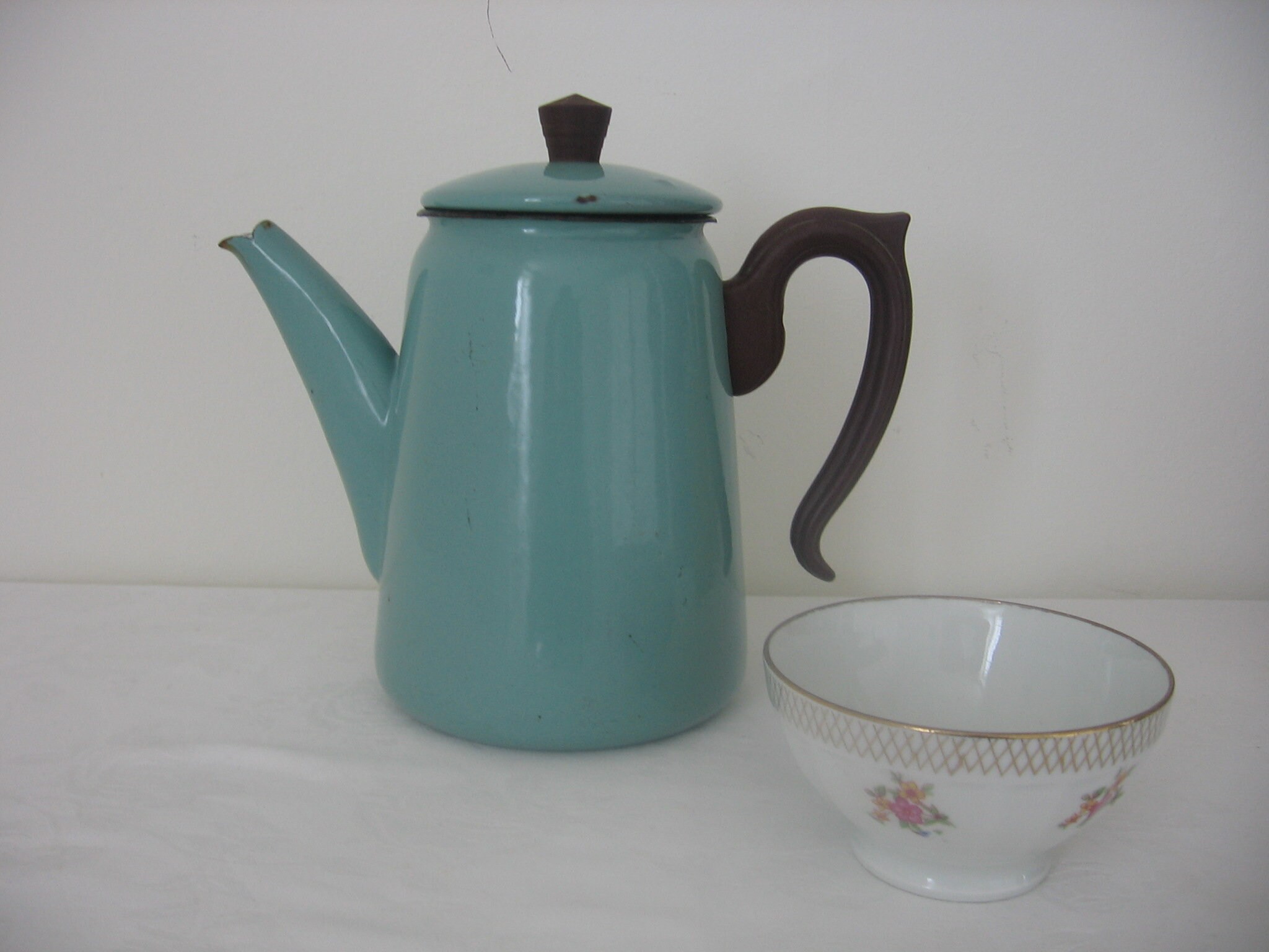 Vintage Français Jade Green Enamelled Coffee Pot Circa 1950S Shabby Chic Country Kitchen Décor