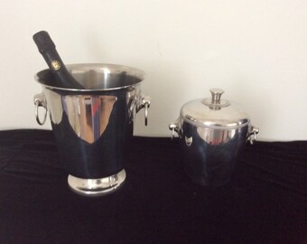 Stunning French Vintage Letang Remy Champagne Cooler and Ice Bucket Set Stainless Steel Lidded Ice Bucket
