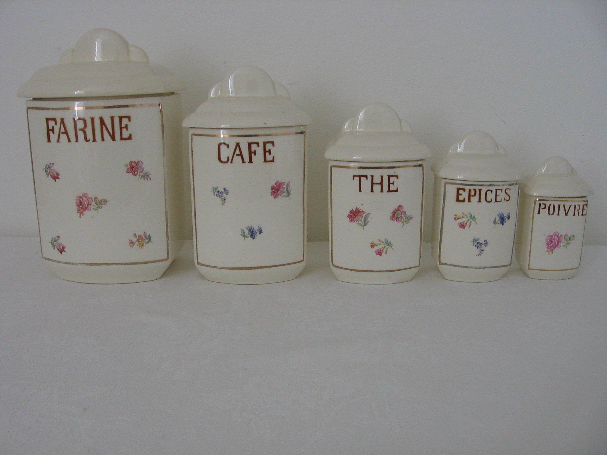 Complete Beautiful Art Déco Set Of 5 Ironstone Kitchen Canisters/storage Jars Sarreguemines Circa 19