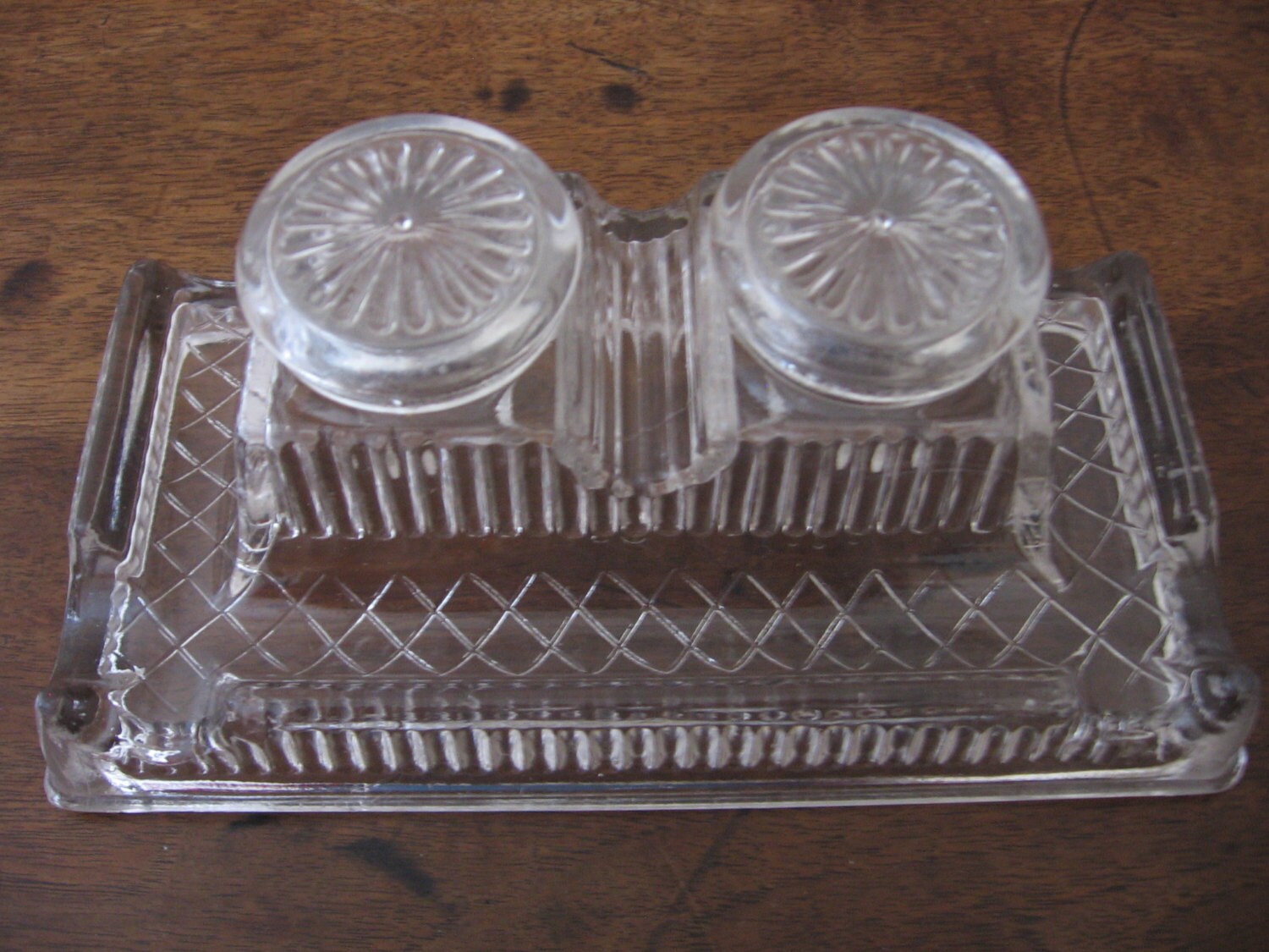 Antique Français Encrier Double en Verre Pressé/Inkstand Pen Tray