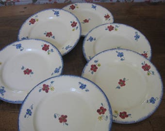 Ensemble de dîner rustiques Français Vintage 6 assiettes Digoin Sarreguemines Mary - Lou Design vers les années 1940 peint à la main / Peint A La Main