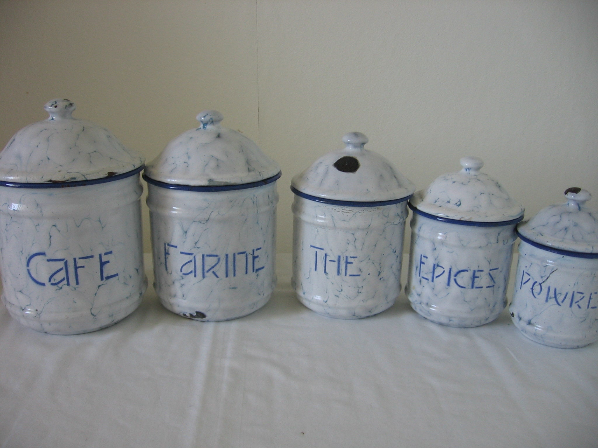 Complete Belle 1940 Ensemble de 5 Français Vintage Émaillé Boîtes Cuisine/Pots Rangement