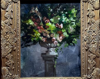 Naturaleza muerta floral impresionista: flores en maceta de piedra, marco dorado antiguo