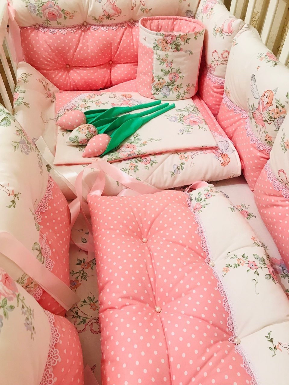 Fairy Pixie Cot Bedding Set Pink Polka Dot Crib Bumbers Etsy