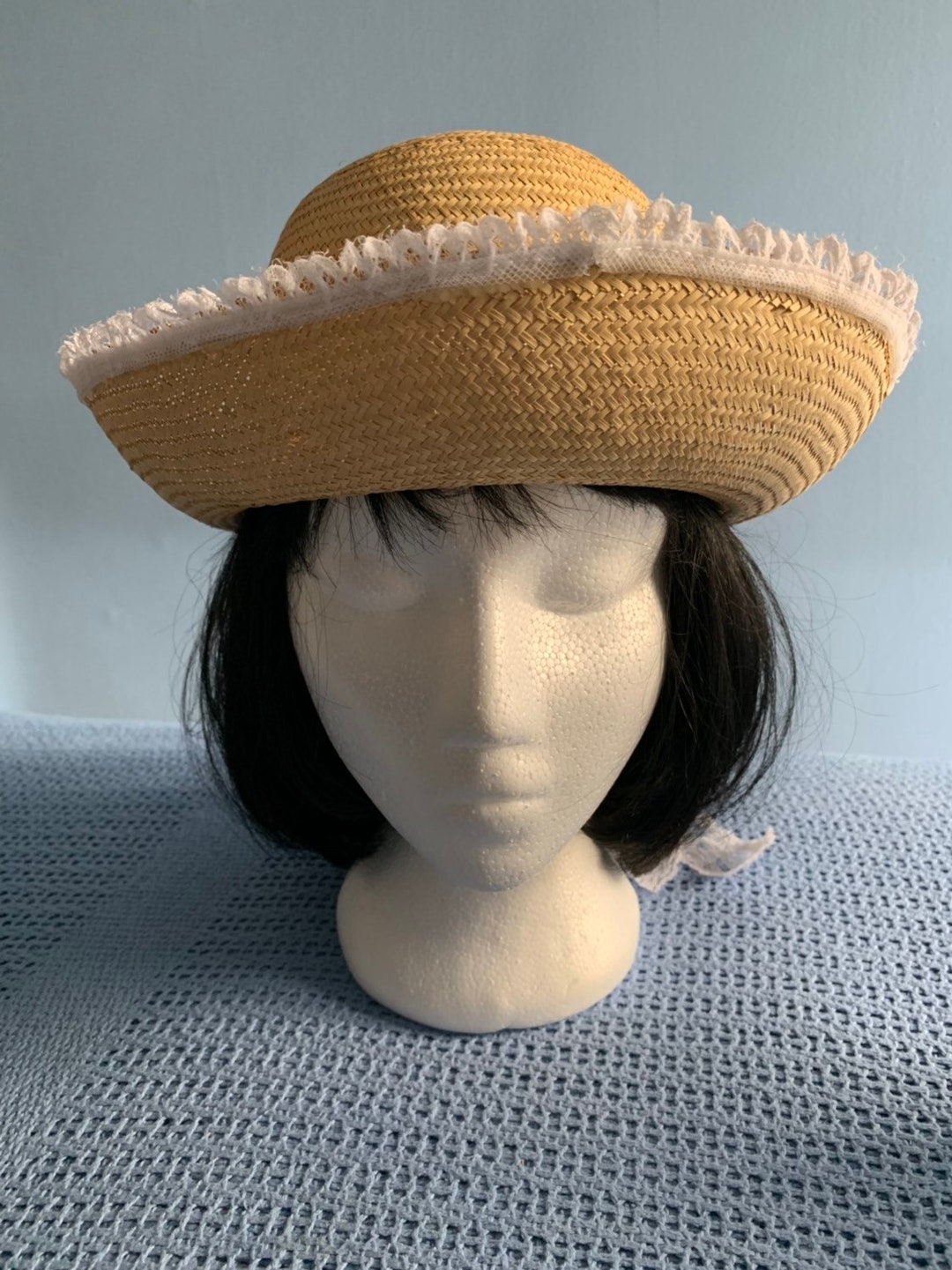 Vintage Ladies Summer Straw Hat With White Lace Trim Etsy