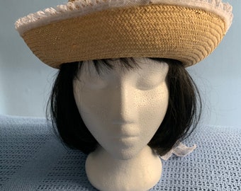 Vintage señoras verano sombrero de paja con ribete de encaje blanco
