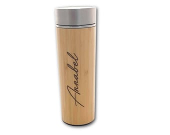 Personalised Bamboo Stainless Steel Tumbler | Double Insulated Travel Mug | Thermos Bottle Flask & Tea Strainer Infuser | 450ml | Australia