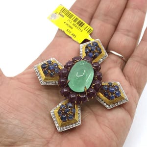 Large Emerald set with Sapphires and Rubies 14k gold Brooch - We Offer Layaway