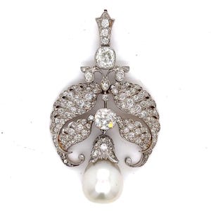 Antique 18K yellow & Platinum with old mine cut  Diamond and South Sea Pearl Pendant