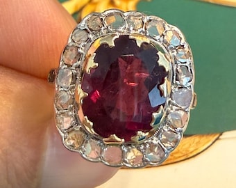 Victorian 18k gold rose cut diamond and Rubellite Tourmaline Ring