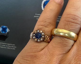 Antique 9ct Rose Gold Natural Kashmir Sapphire and Pearl Ring, Circa 1800