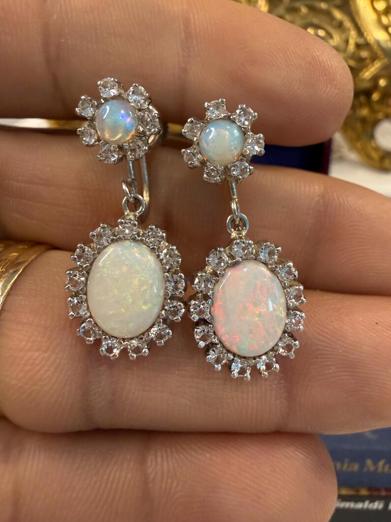 May include: A pair of silver drop earrings featuring opalescent oval-shaped stones surrounded by small, clear gemstones. The earrings have a floral design at the top and a larger oval stone at the bottom, creating a classic, elegant look.
