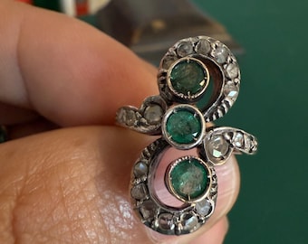 Victorian gold and silver topped diamond and emerald ring
