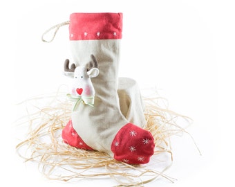 Handmade Christmas Stocking – by Times Hemp Company. 100% Organic hemp. Reindeer & Bell. Unique design.