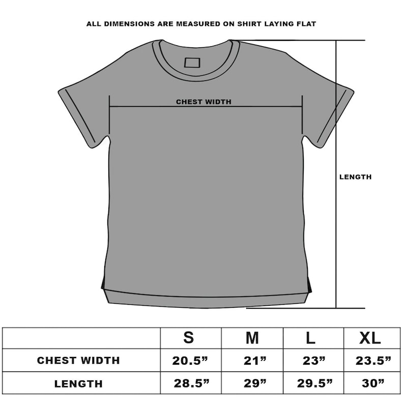 Op de afbeelding: Maattabel voor een T-shirt met de maten voor borstbreedte en lengte in inches voor de maten S, M, L en XL.