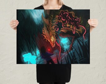 May include: A digital illustration of a dark, shadowy scene with a small, blue-clad figure standing in front of a large, menacing, red-eyed, yellow and brown monster with tentacles. The monster is surrounded by glowing blue flowers.