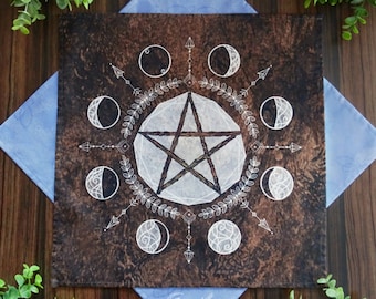 Brown pentagram moon cycle altar cloth, lunar phases tarot cloth, rune & divination decoration, crystal witch home deco, spiru pagan art