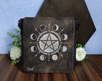 Large brown witchy magick shoulder bag, pentacle mooncycle, crystal pentagram, nature element arrows, wicca witch shoulderbag, lunar phases