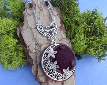Red - black luna tales, moon necklace, filigree crescent pendant, flowers, crackle stone, elf, witch, gothic, viking, victorian gift for her