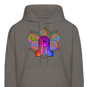 May include: A gray hooded sweatshirt with a colorful geometric design featuring the letter "A" in the center.