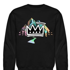 May include: Black sweatshirt with a colorful graphic of a crown over a mountain range. The crown has a halo above it.