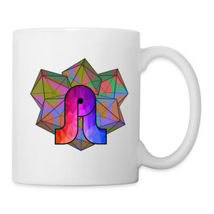 May include: White ceramic coffee mug with a colorful geometric design featuring a stylized letter "A" in the center. The design is reminiscent of a kaleidoscope with shades of pink, blue, green, and yellow.