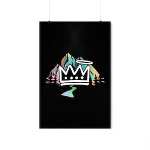 May include: A black and white illustration of a crown with three jewels on a black background. The crown is surrounded by a colorful mountain range with a halo above it.