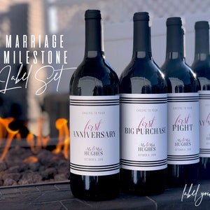 Marriage Milestone Label Set, Wedding Milestone, A Year of Firsts, Bridal Shower Gift, Unique Wedding Gift, Wine Labels, Champagne Labels