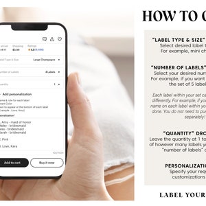 Pu&ograve; includere: Uno screenshot dello schermo di un telefono cellulare che mostra una guida su come ordinare etichette personalizzate. La guida include istruzioni per selezionare il tipo di etichetta, la dimensione, la quantit&agrave; e le opzioni di personalizzazione. Il testo "LABEL YOUR LIFE" &egrave; visualizzato nella parte inferiore dello schermo.