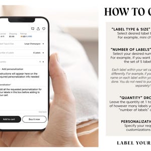 a person's hand holding a smartphone displaying a label customization interface, with a text box on the screen providing instructions on how to order labels.