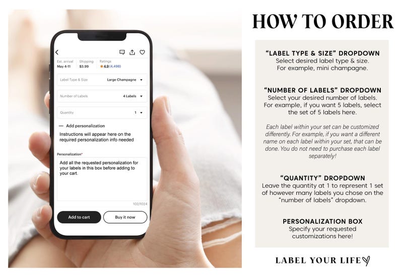 a person's hand holding a smartphone displaying a label customization interface, with a text box on the screen providing instructions on how to order labels.