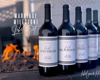 Marriage Milestone Label Set, Wedding Milestone, A Year of Firsts, Bridal Shower Gift, Unique Wedding Gift, Wine Labels, Champagne Labels