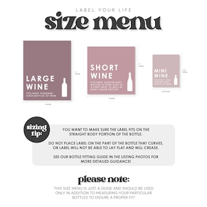 The image is a size menu for wine bottles, providing different sizes and corresponding measurements.