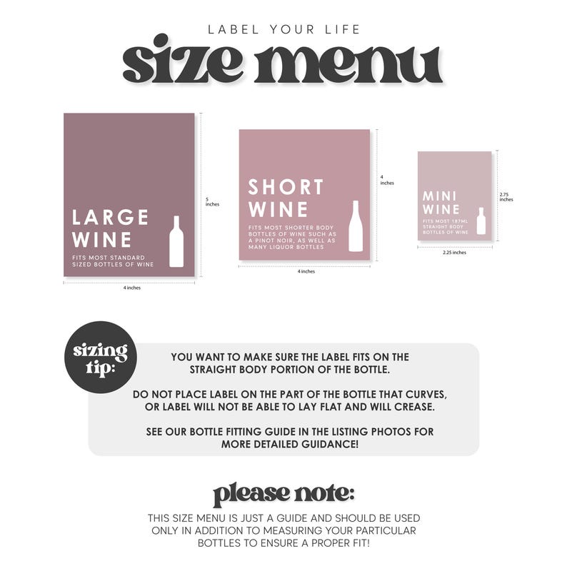 The image is a size menu for wine bottles, providing different sizes and corresponding measurements.