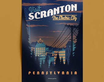 Scranton Pennsylvania Travel Print: Retro City Night Wall Art