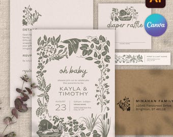 May include: A set of baby shower invitations and stationery in a neutral color palette. The invitation features the text "oh baby" and details for the event. Includes a diaper raffle card, RSVP card, and an envelope with a floral design.