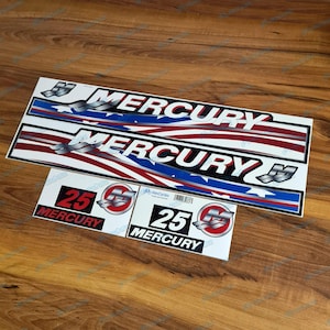 Custom Made Mercury USA Flag Patriotic 25 HP Outboards Motor Laminated Decals Stickers Set
