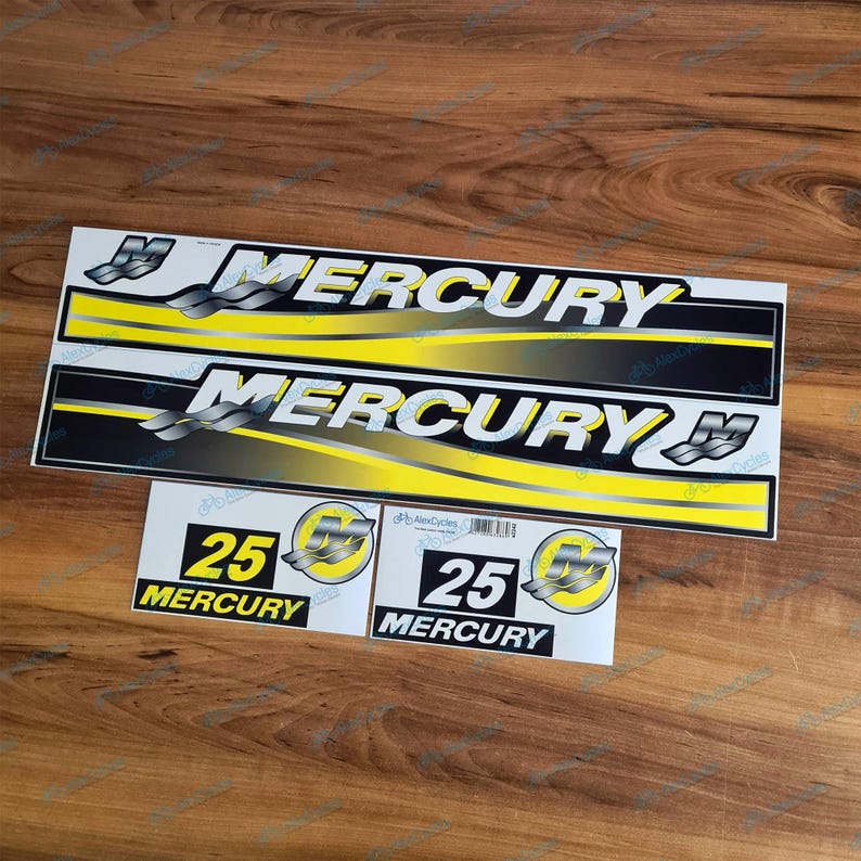 Custom Made Mercury 25 HP Yellow Outboards Motor Laminated Decals ...