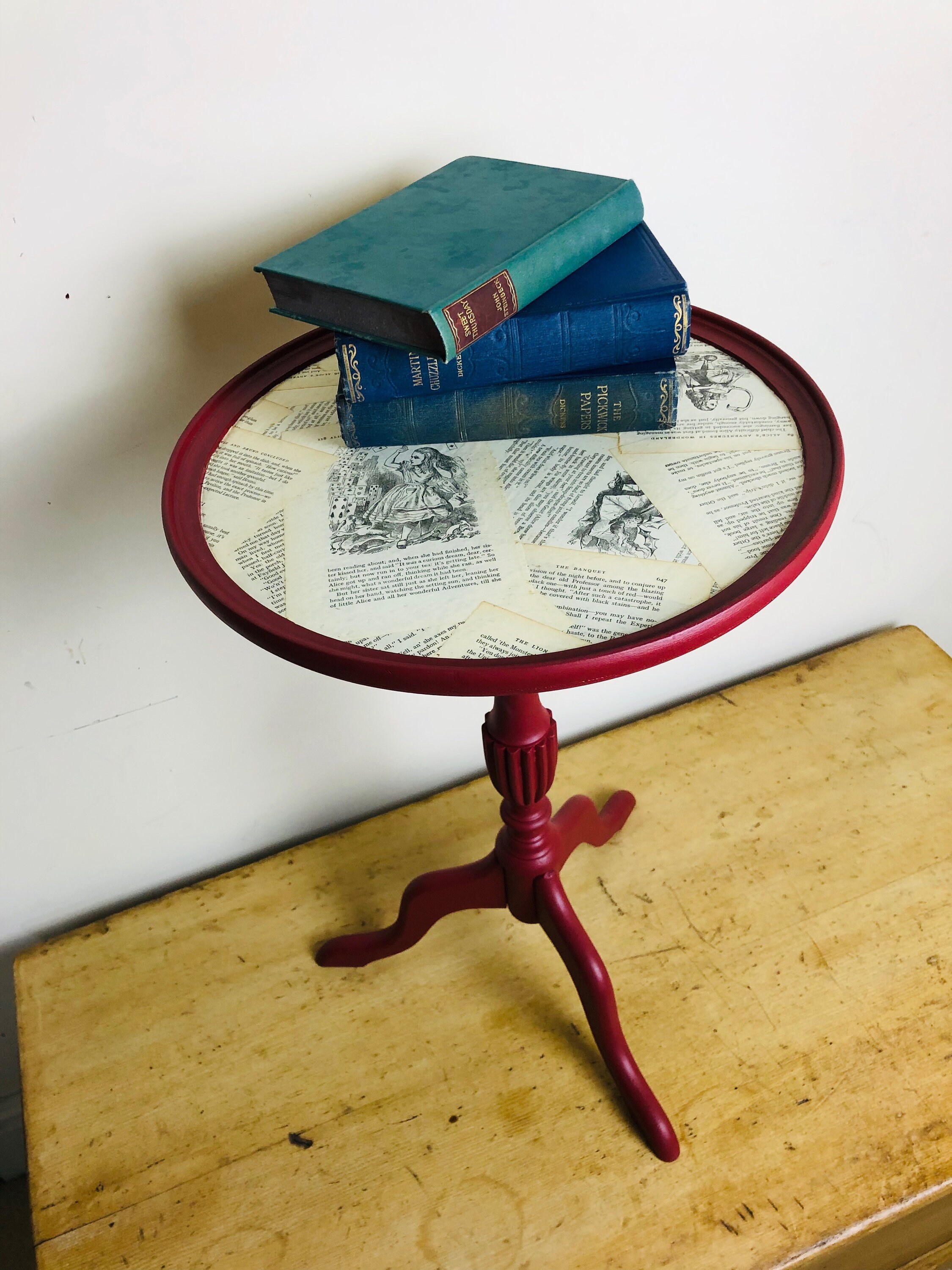 Unique Refinished Wine Side Occasional Table With Alice In