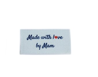 Made with love by Mam labels tags for craft and handmade items - Sew In White Background - 25x40mm Flat