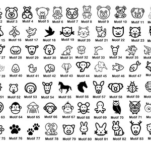 May include: A sheet of 85 black and white illustrations of various animals, insects, and objects. Each illustration is labeled with the word "Motif" followed by a number from 1 to 85.