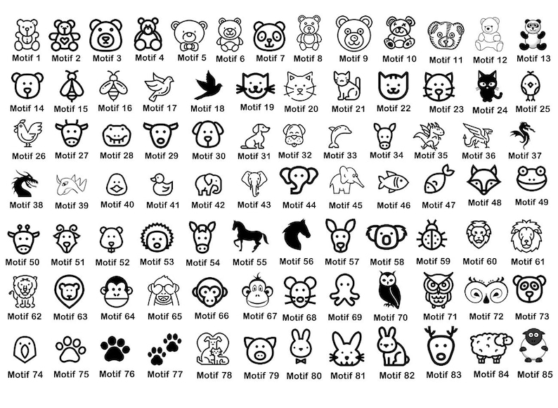 May include: A sheet of 85 black and white illustrations of various animals, insects, and objects. Each illustration is labeled with the word "Motif" followed by a number from 1 to 85.