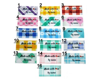 Personalised Custom Made With Love By 16 Vichy and Gingham Pattern Designs Sew In On Garment Labels Tags 25x40mm